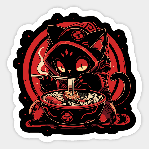 Stealthy Ninja Cat T-Shirt, Dark Ramen Eating Kitty Graphic Tee, Perfect Apparel for Cat Lovers and Ramen Fans Sticker by Indigo Lake